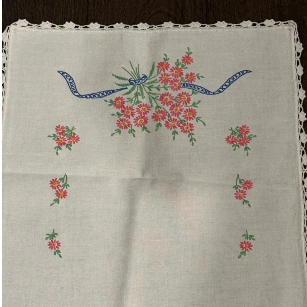 Vintage Embroidered Floral Table Runner‎ Pink Flowers Blue Ribbon Trim 40 x 16